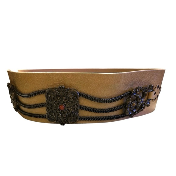 Renza Women’s Wide Leather Belt w/Baroque Medallions Stones Chain Boho Size L